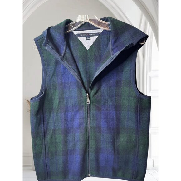 Tommy Hilfiger Mens Green & Blue Plaid Wool Blend Hooded Vest - Picture 1 of 10